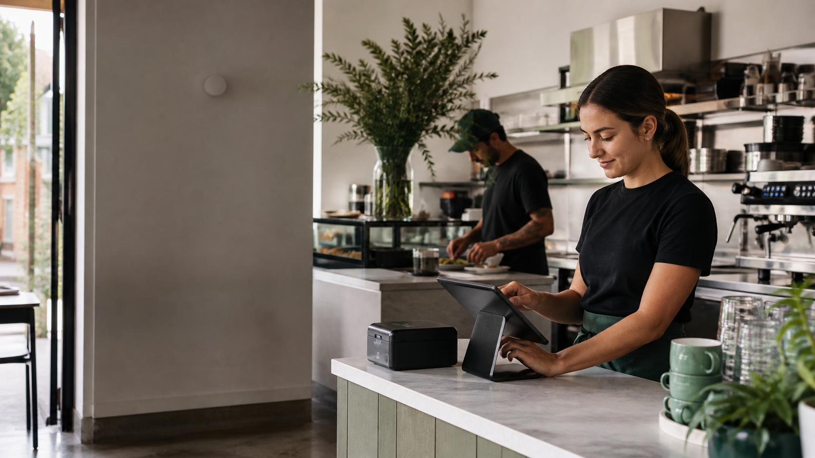 Hospitality staff operating a tablet at a modern cafe counter